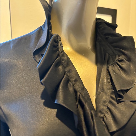 VTG YVES SAINT LAURENT Womens BLACK Long Sleeve Frill SILK CHARMEUSE Blouse Sz S - Picture 3 of 8